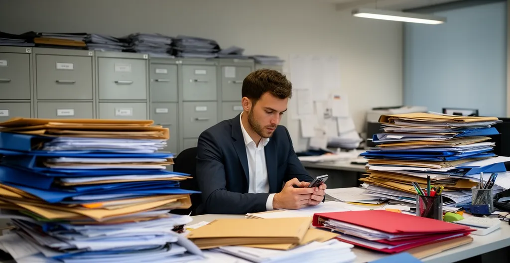 Bureau professionnel encombré de dossiers illustrant la charge administrative du recommandé papier