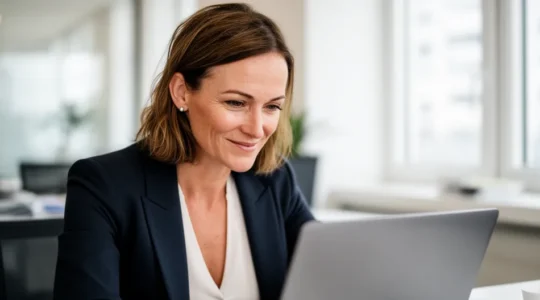 Responsable administrative française consultant son écran avec satisfaction après envoi de recommandé électronique