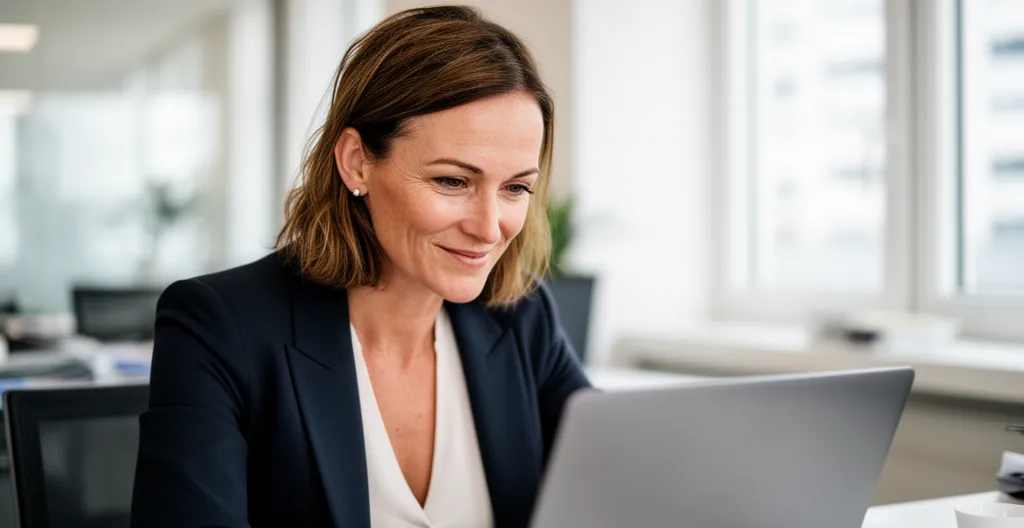 Responsable administrative française consultant son écran avec satisfaction après envoi de recommandé électronique