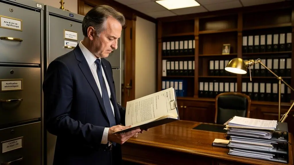 Huissier de justice consultant un dossier de signification par lettre recommandée électronique dans son étude
