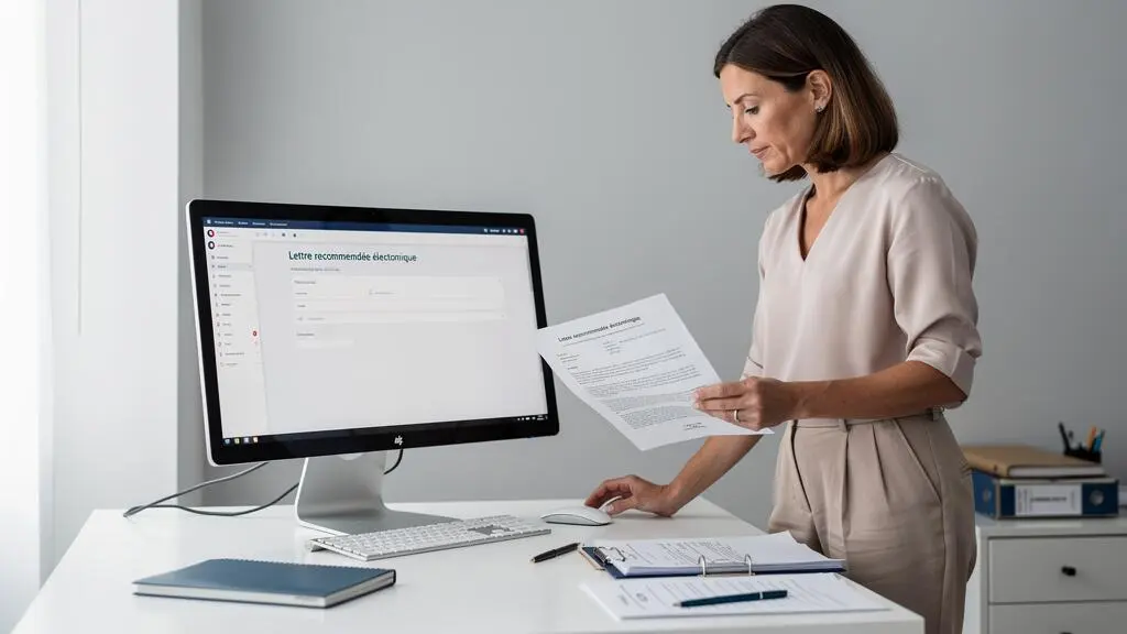 Responsable RH préparant l'envoi d'une lettre recommandée électronique dans un bureau d'entreprise